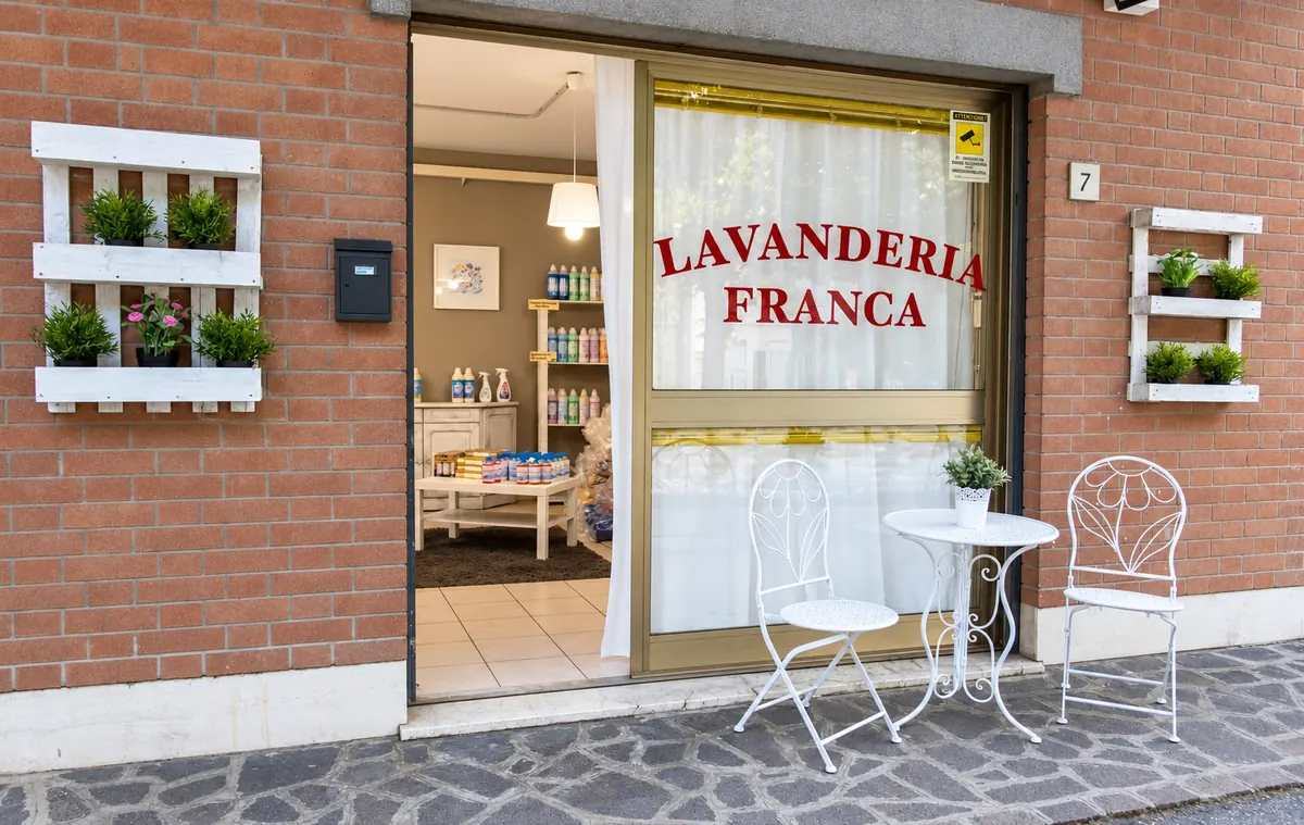 La vetrina di Lavanderia Franca in Viale Italia a Mirandola, con l’insegna sul vetro e due sedie all’ingresso